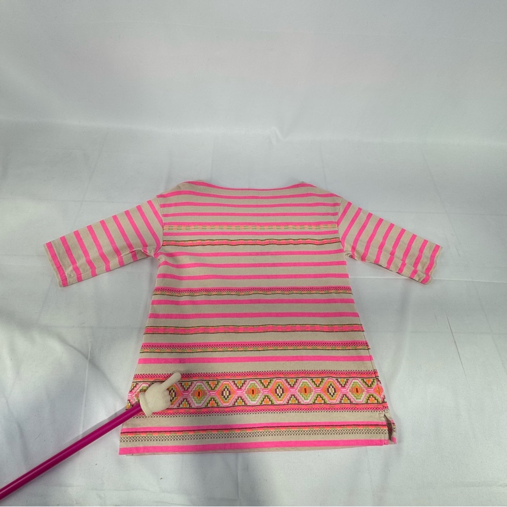 J. Crew XS neon pink stripe bohemian embroidered accent 3/4 sleeve top - Picture 12 of 13